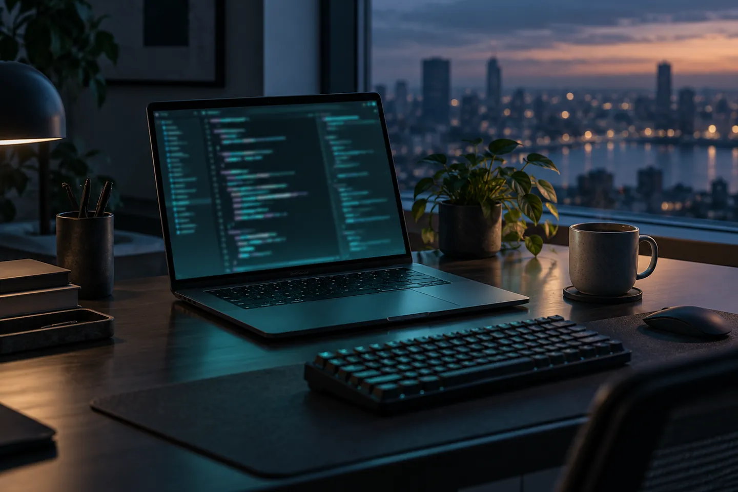 Bureau de développeur minimaliste au crépuscule, ordinateur portable affichant du code
