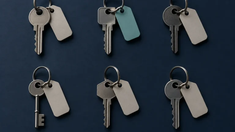 Six keys with blank tags arranged in a grid, one with a teal tag